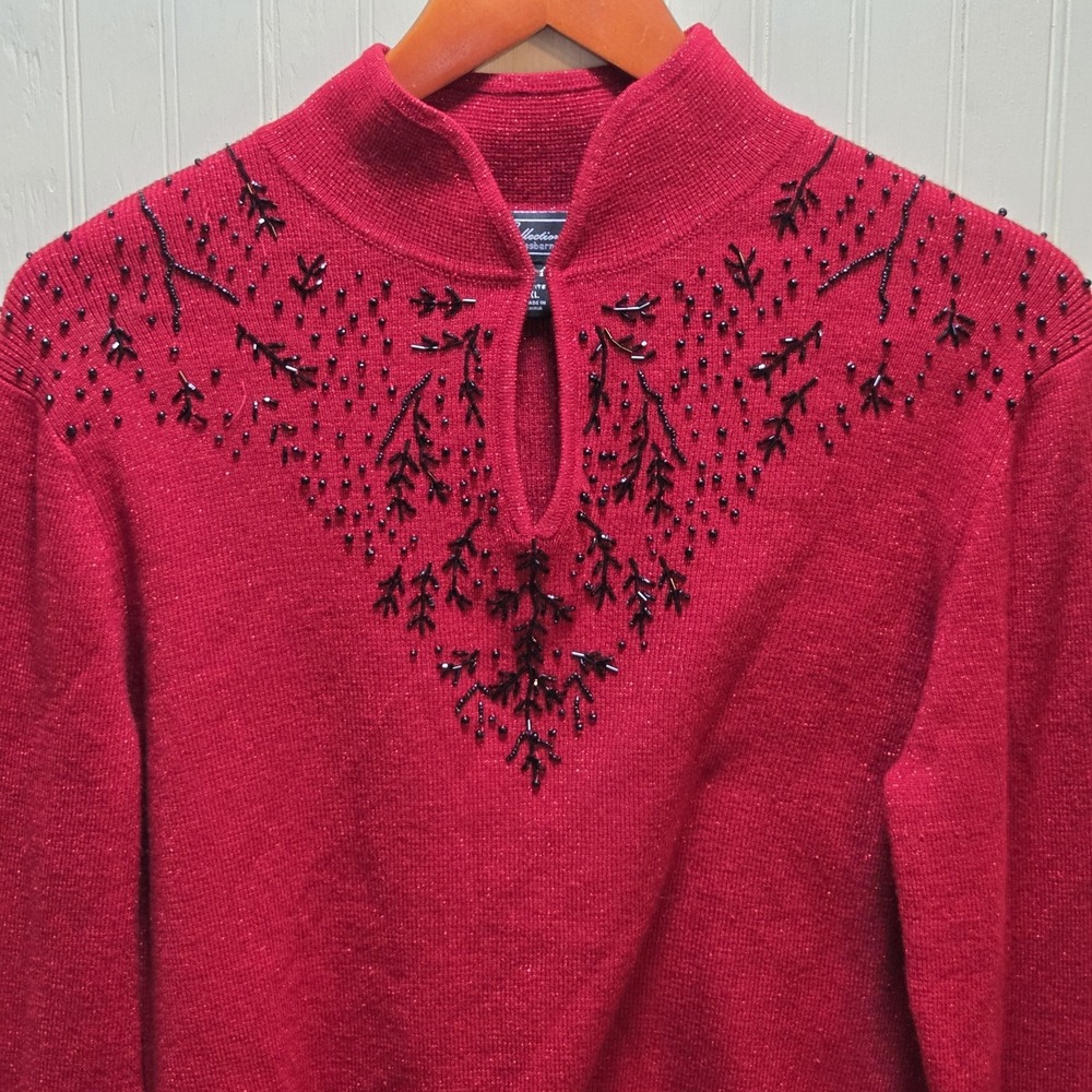 Dressbarn Sweater Womens Petite XL Red Mock Neck Beaded Metallic Knit Pullover